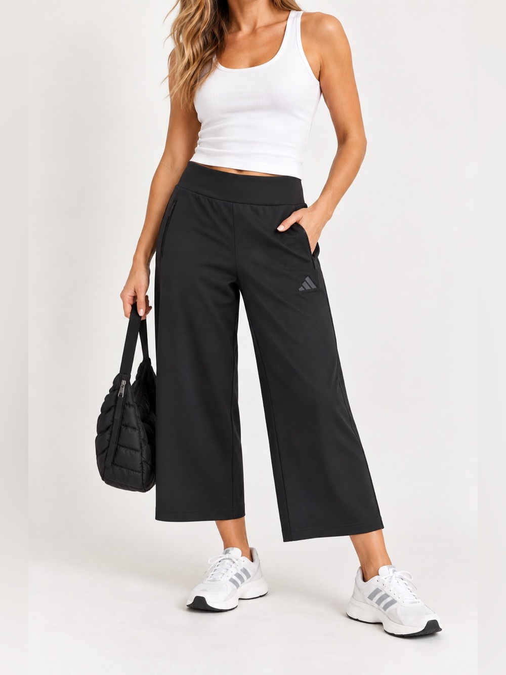 NWT adidas women’s wide-leg pants in classic black, size Medium. Cropped